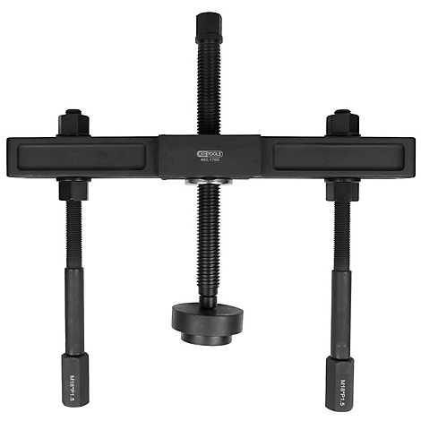 Schwarzer Abzieher für Kfz-Teile. Mit Gewindestangen, Muttern und einem zentralen Gewinde zur Demontage.